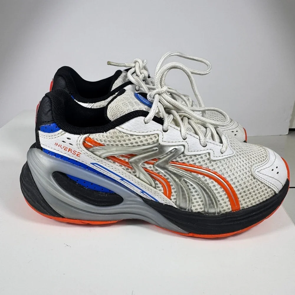 Puma Inverse Sneakers Kids Size 1C White Blue Orange 404254-01 Chunky Mesh Shoes